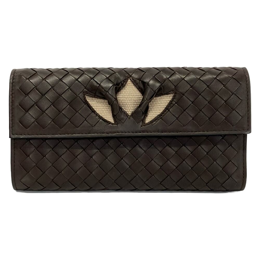 Bottega Veneta Intrecciato Long Wallet 150509 Dark Brown Gray Beige Leather Hemp